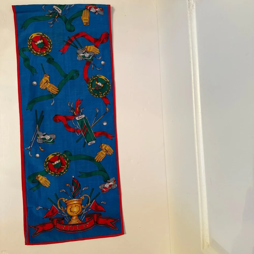 TALBOTS SCARF GOLF THEME BLUE RED GOLD MULTI COLOR RECTANGLE COTTON SILK BLEND